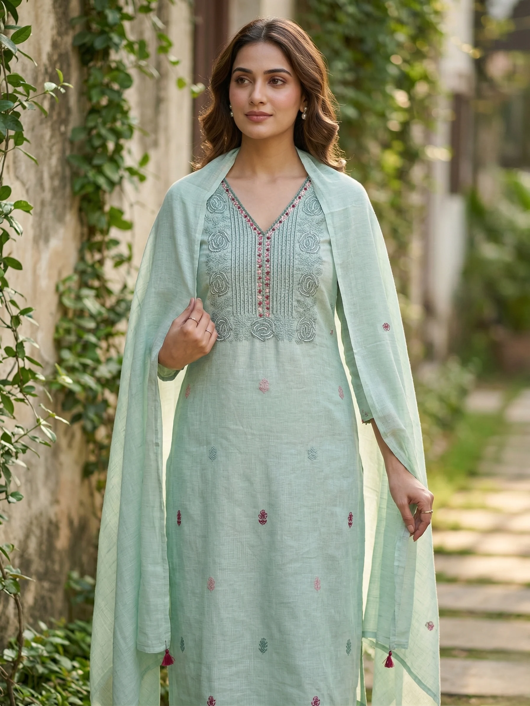 Mint Sage Hand-Embroidered Suit - View 1