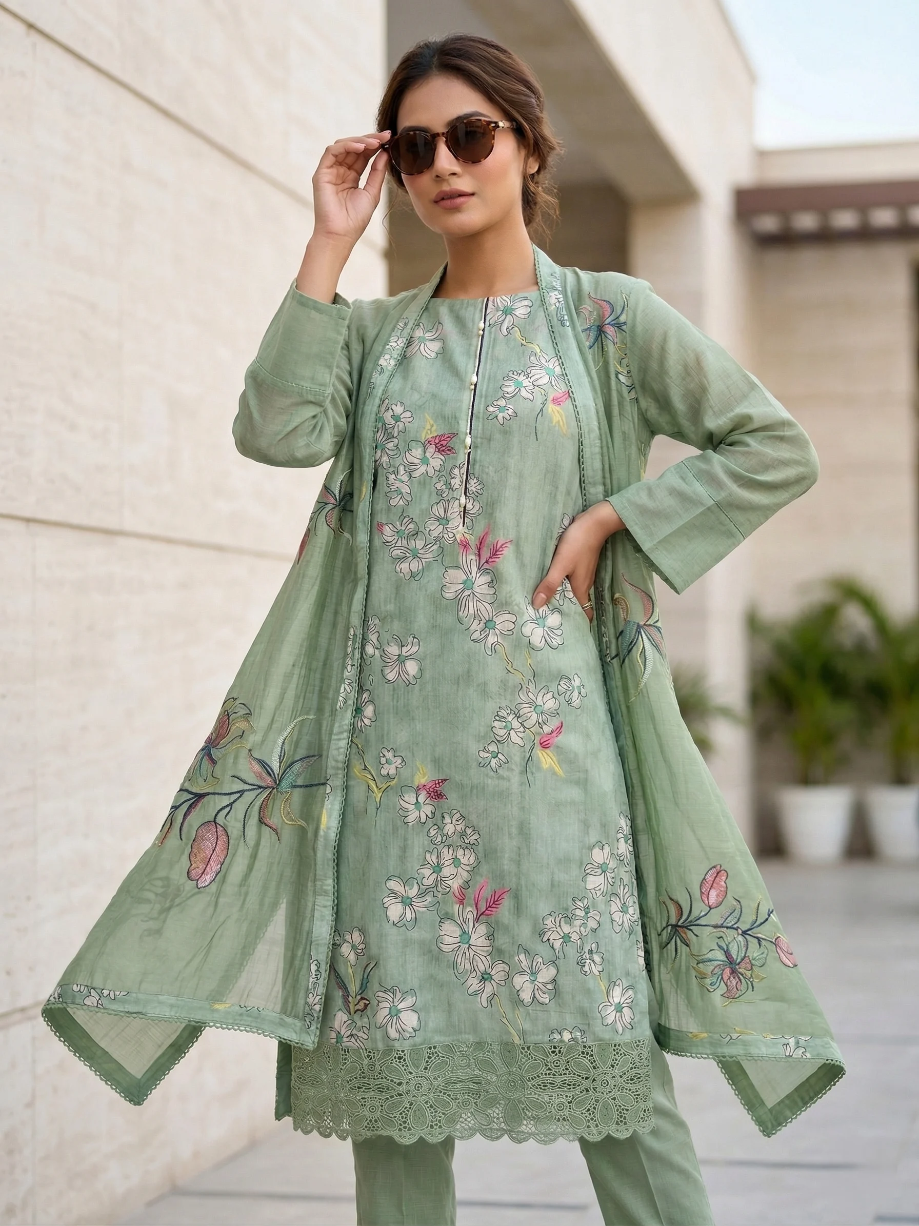 Mul Cotton Pista Green Suit - View 1