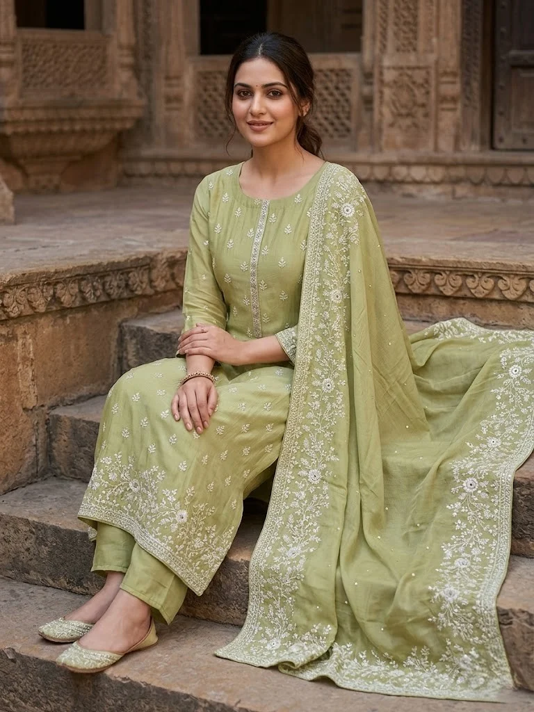 Olive Green Embroidered Organza Silk Suit - View 1