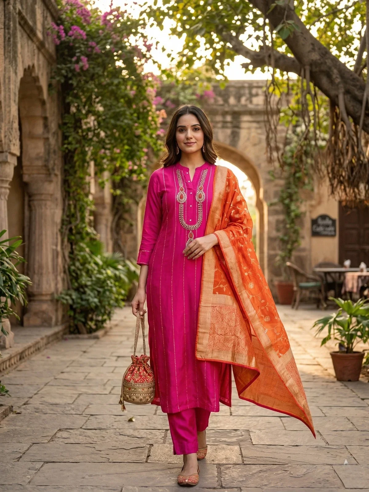 Pink Silk Kundan Neckline Suit - View 1
