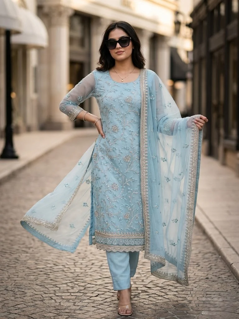 Powder Blue Georgette Suit - View 1