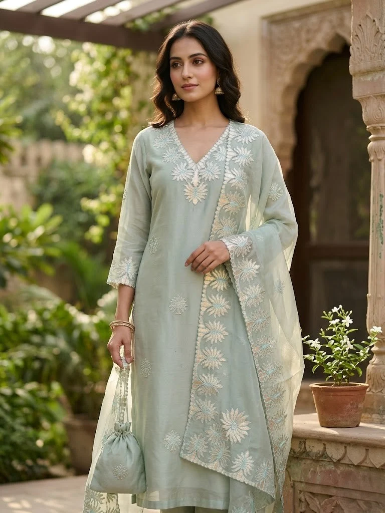 Powder Blue Leather Embroidered Suit - View 1