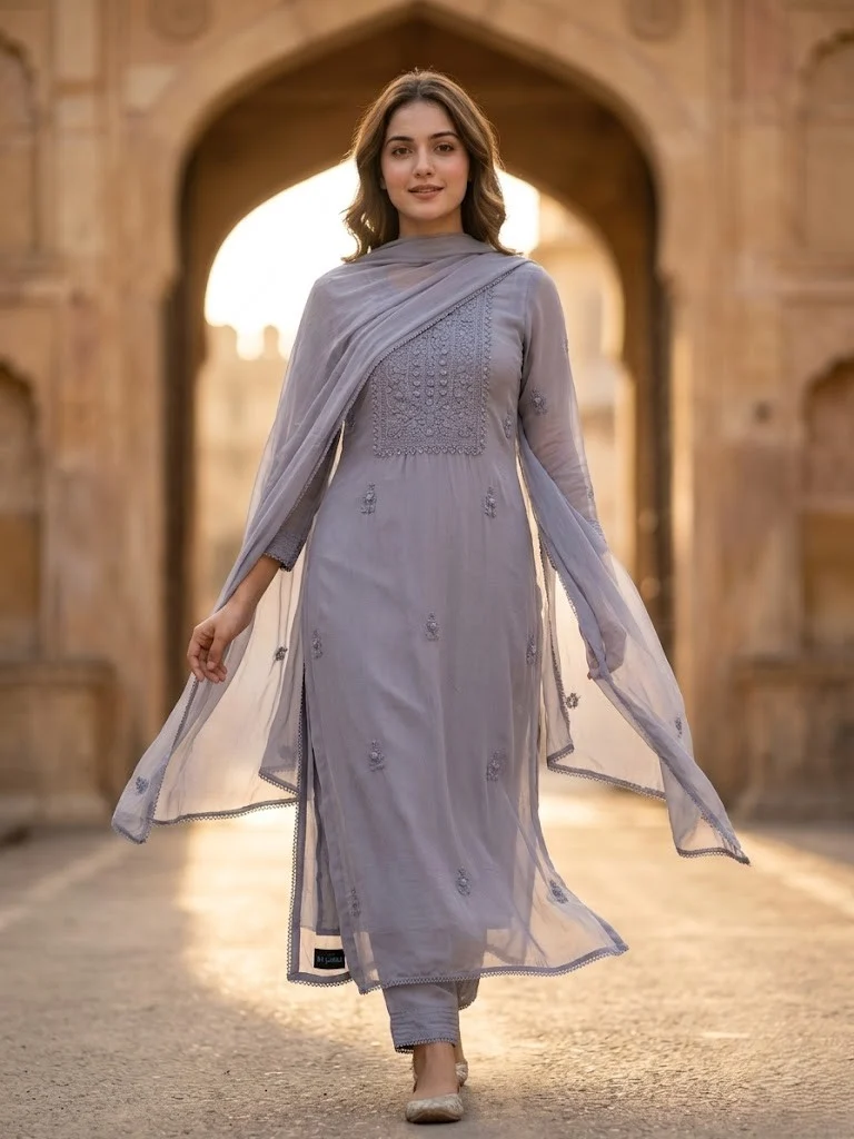 Powder Blue Organza Embroidered Suit - View 1