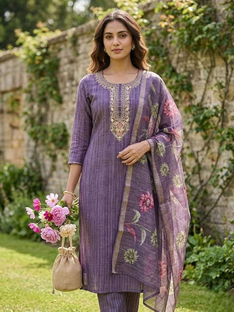 Premium Lavender Colour Raw Silk  Suit - View 1