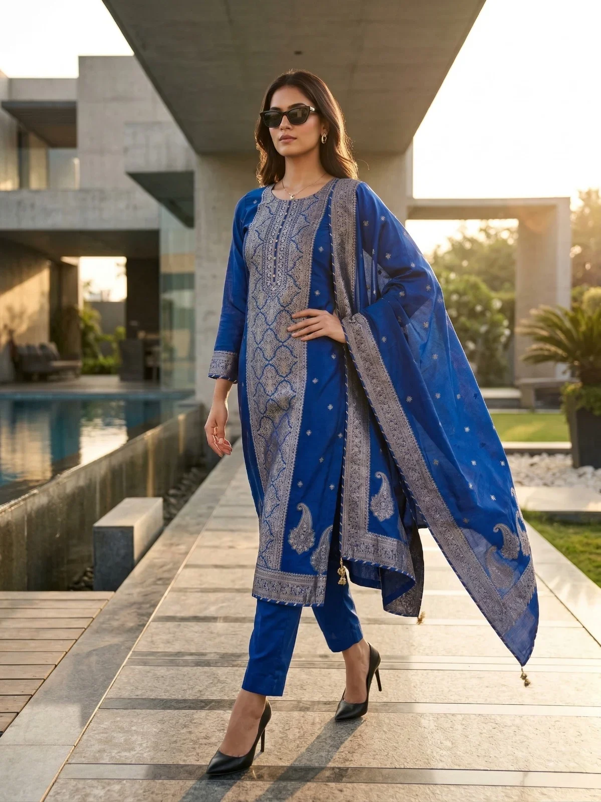 Premium Royal Blue Banarasi Silk Suit - View 1