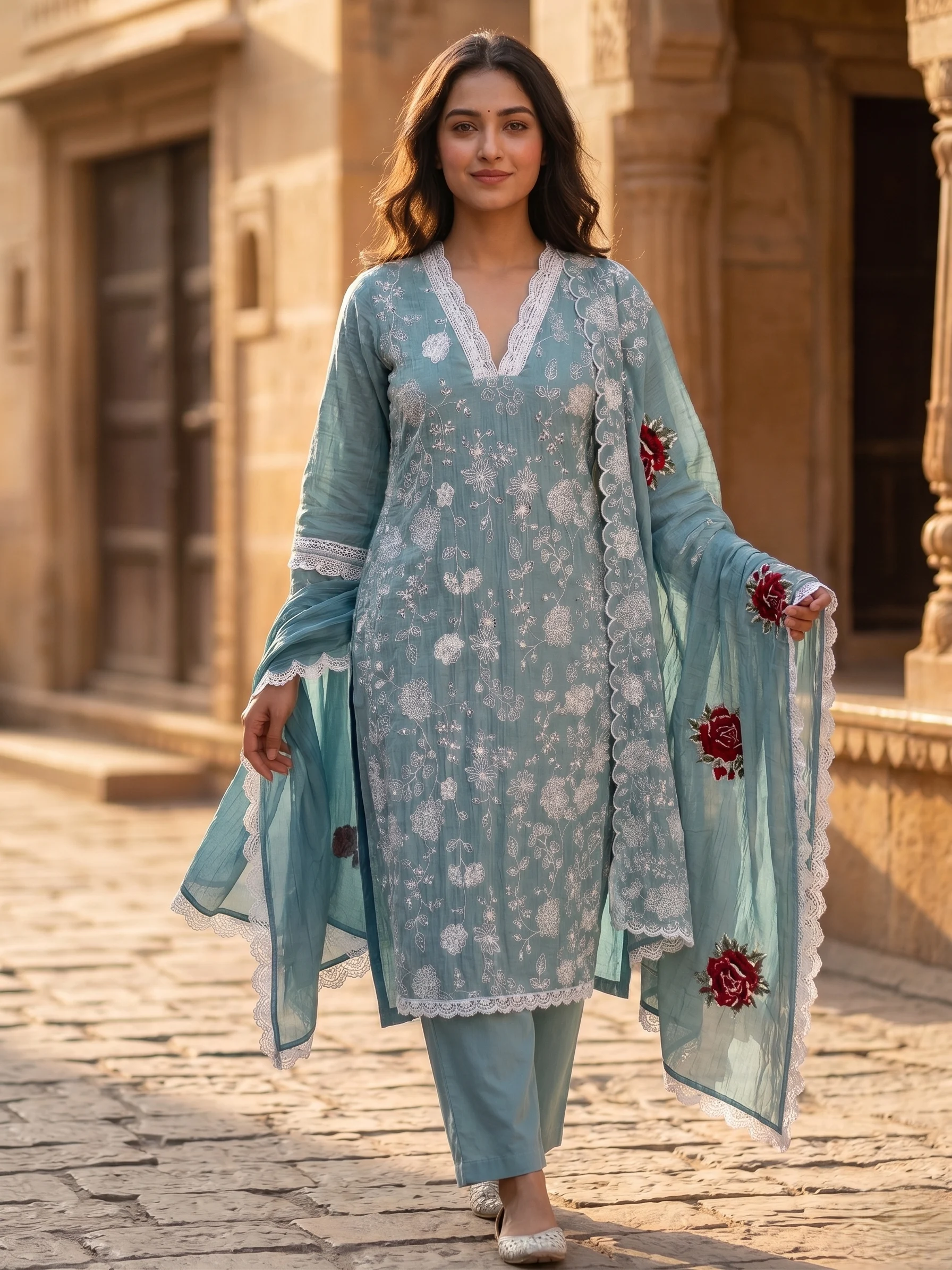 Rosé Elegance Mul Cotton Suit — Sage Rose Mul Cotton Embroidered Suit colour | Nari18