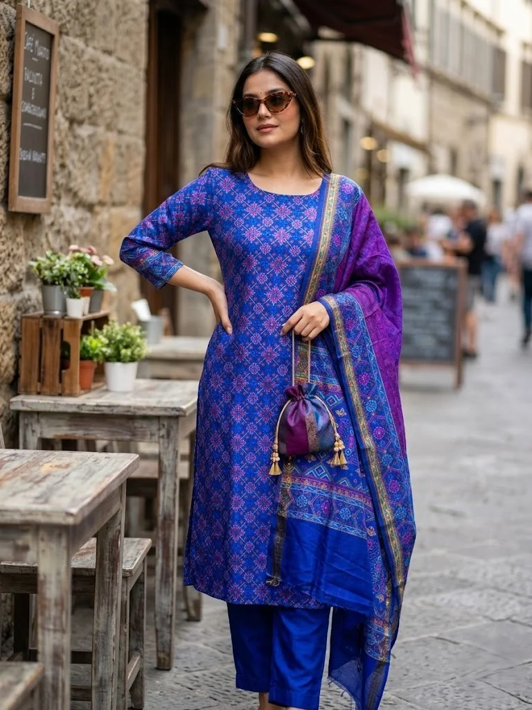 Royal Blue & Amethyst Ikat Silk Suit - View 1
