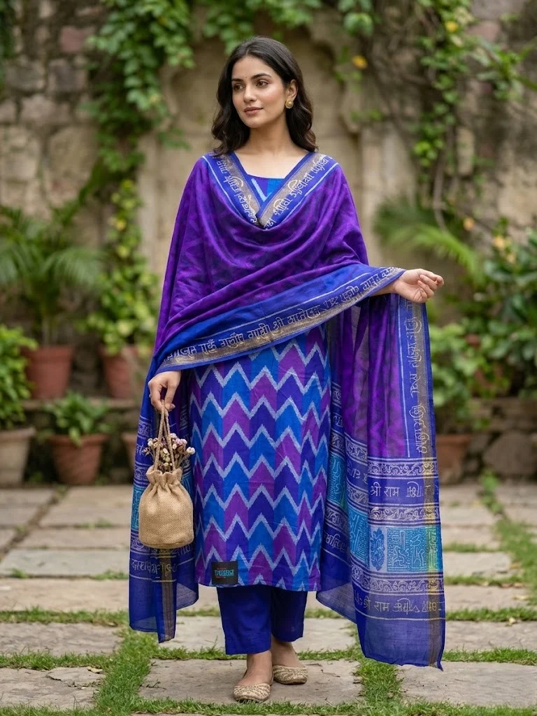 Royal Blue & Violet Ikat Silk Suit - View 1