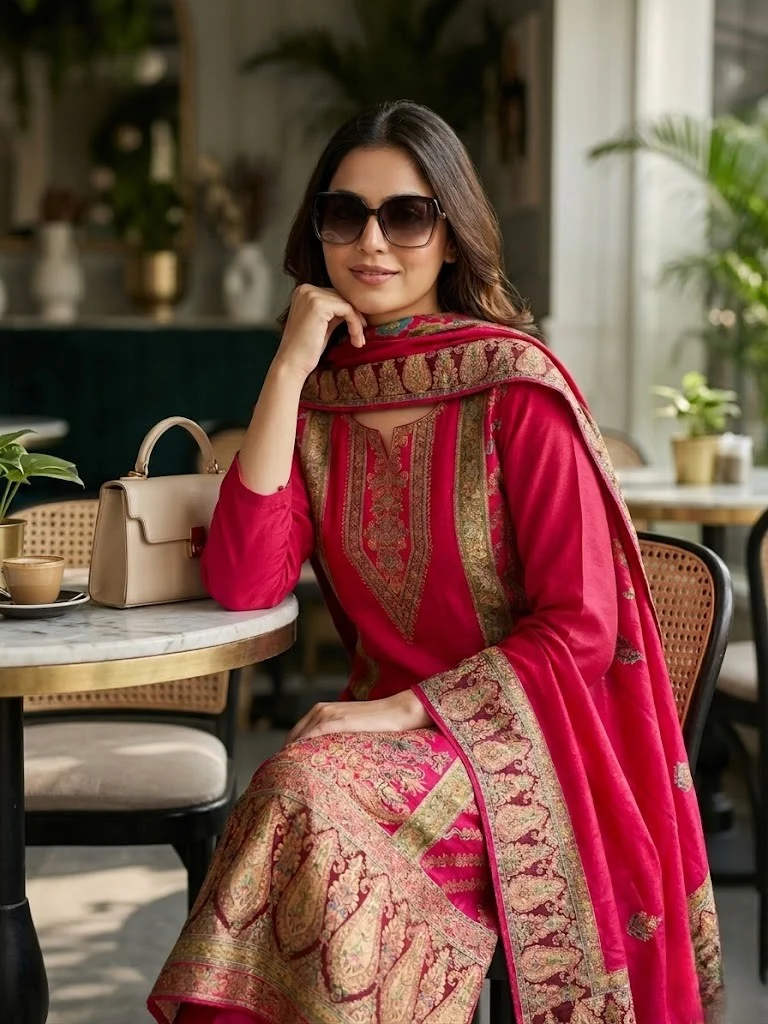 Royal Magenta Kashimiri Motifs Silk Suit - View 1