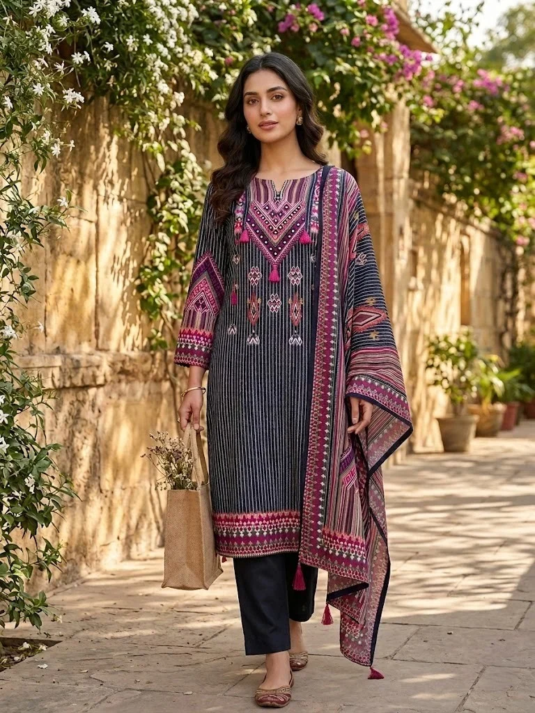 Soft Black Mul Muslin Suit - View 1