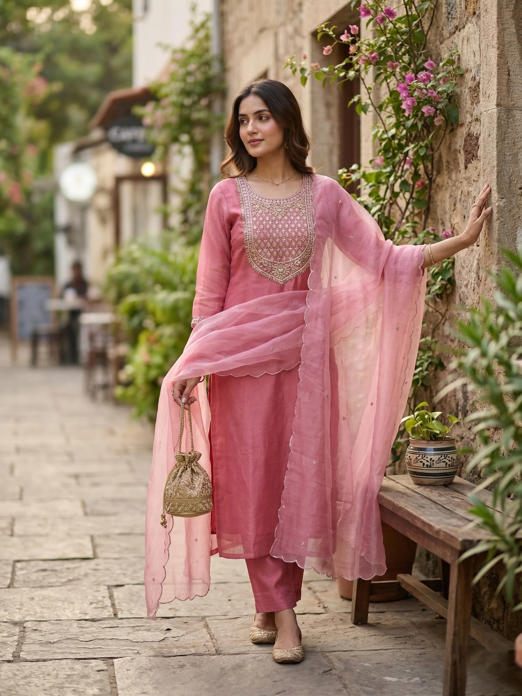 Soft blush pink organza suit - View 1