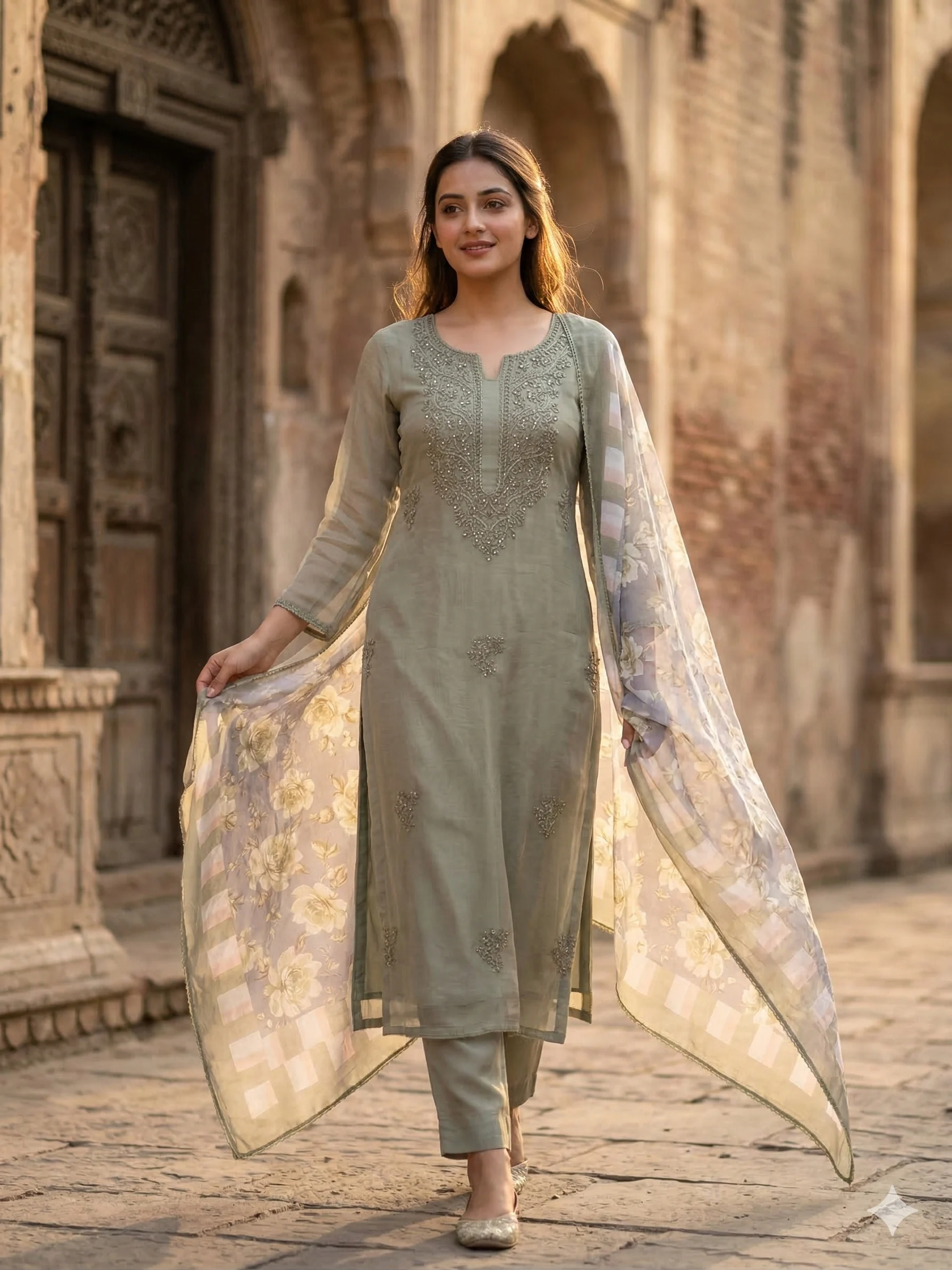 Subtle Sage Green Net lycra Suit - View 1