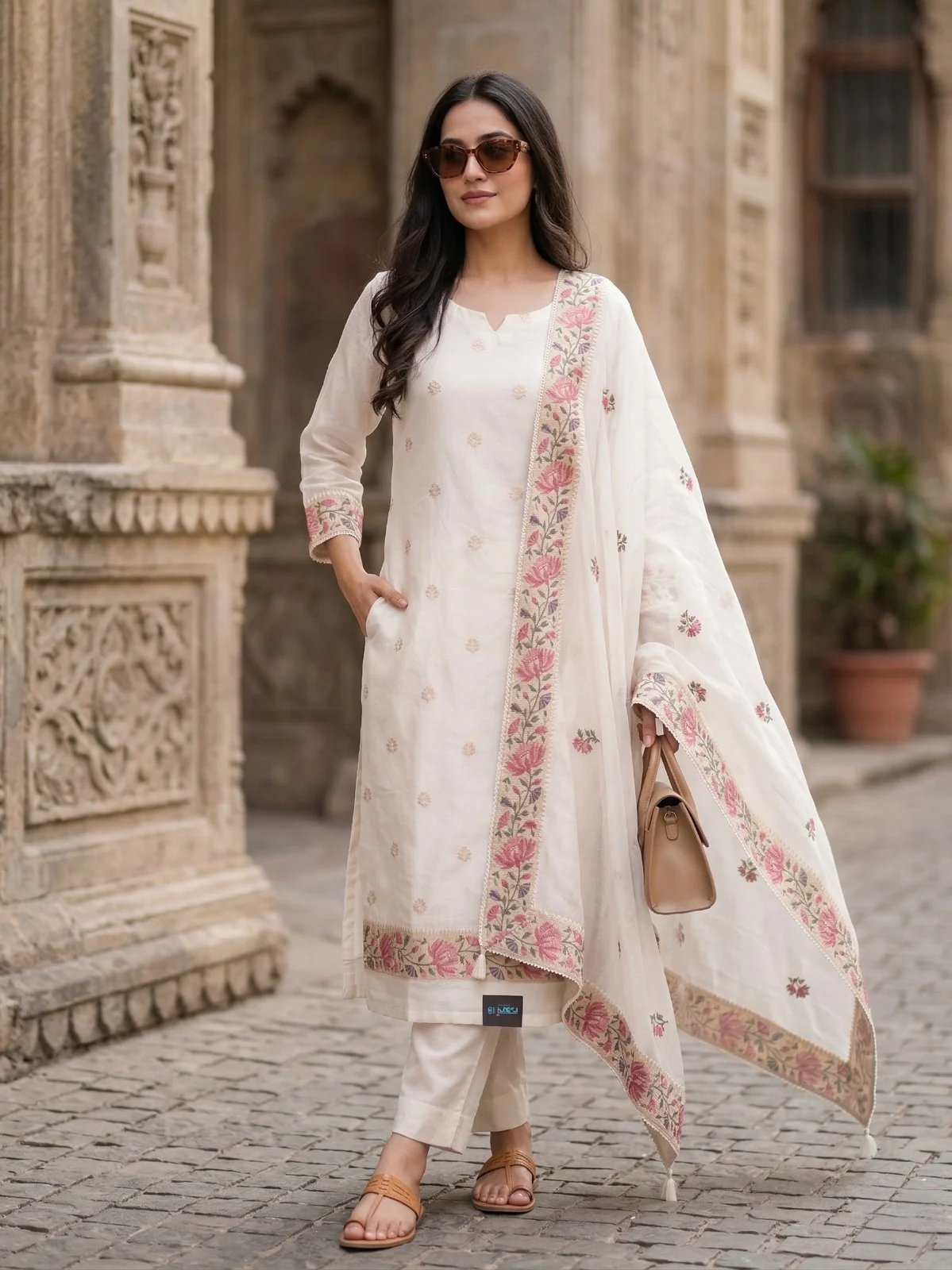 White Organza Embroidered Suit Set - View 1